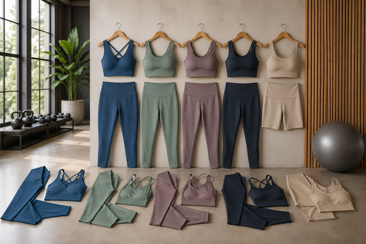Modern activewear sets in a fitness studio
