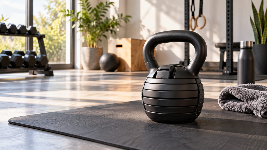 Adjustable kettlebell on an exercise mat in a bright home gym