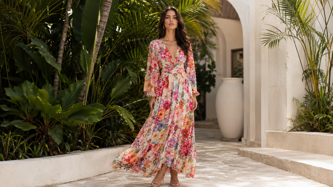 Woman in a floral resort maxi dress beside tropical greenery