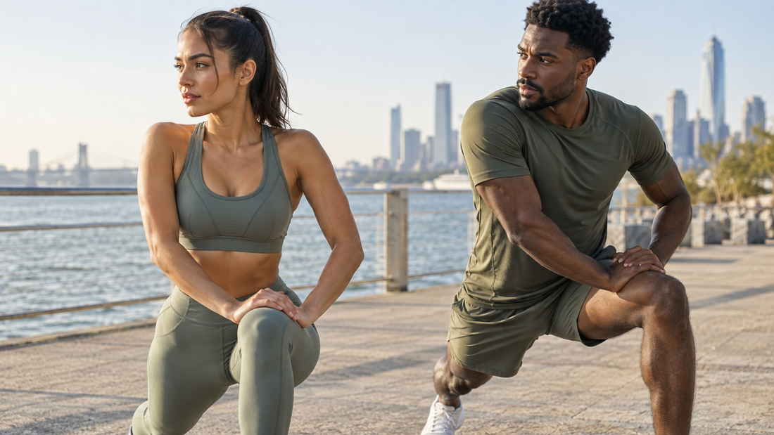 Two athletes wearing functional olive athletic wear during an outdoor workout