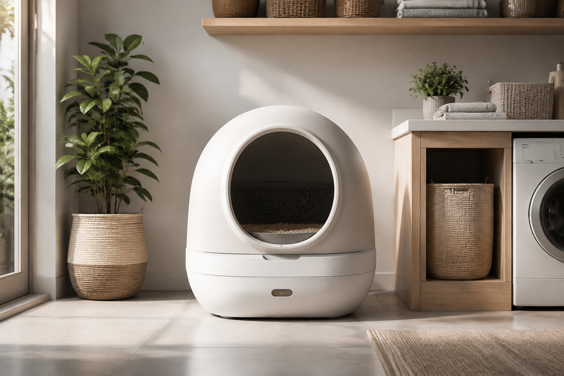 Modern automatic cat litter box in a stylish home