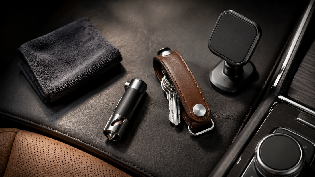Premium automotive accessories arranged inside a modern car