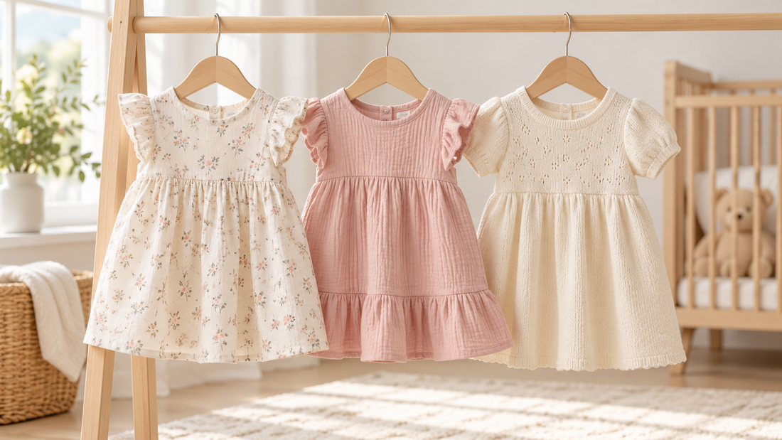 Three soft baby dresses displayed on wooden hangers in a bright nursery