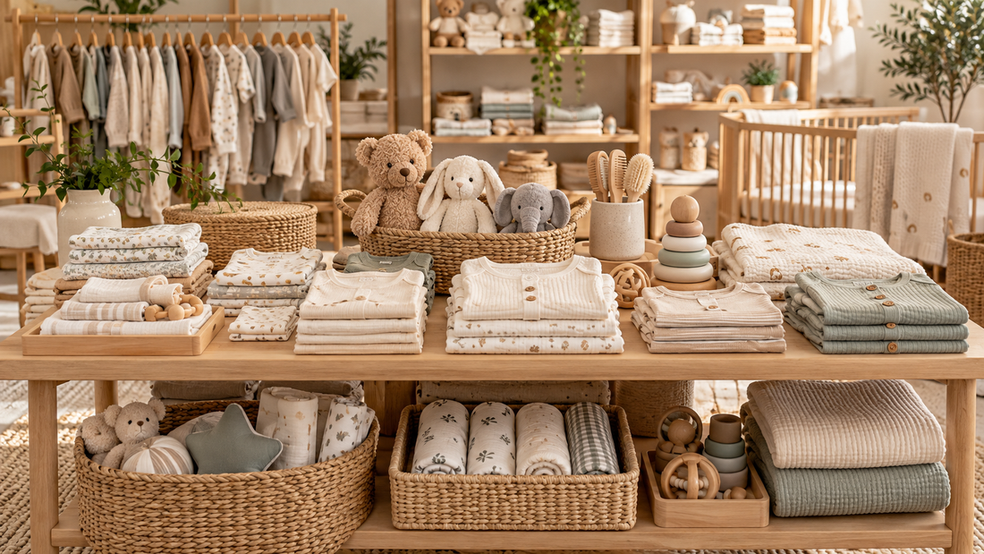 Curated baby store display with clothing, soft toys and nursery essentials