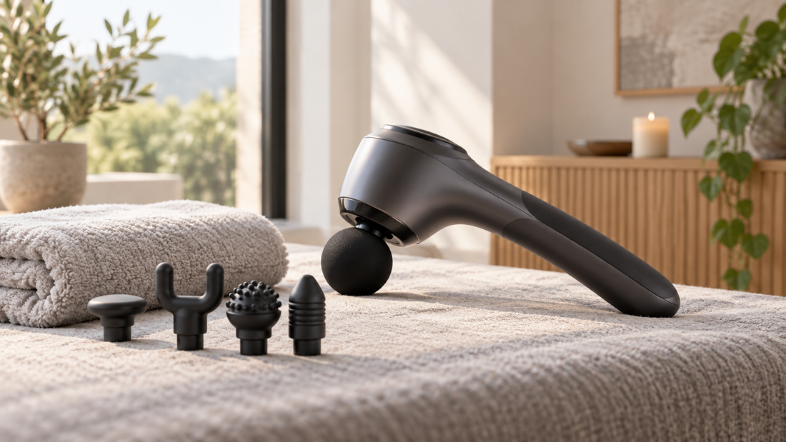 Unbranded handheld back massager with attachments in a calm home setting