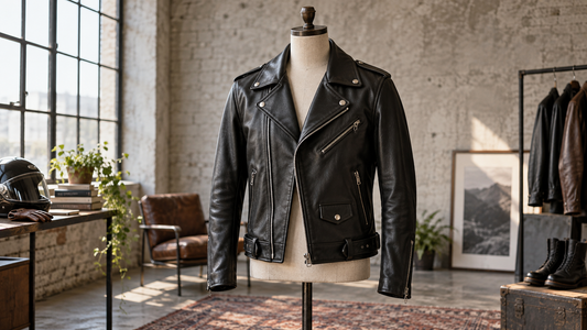 Editorial view of a black biker jacket showing material, hardware and fit