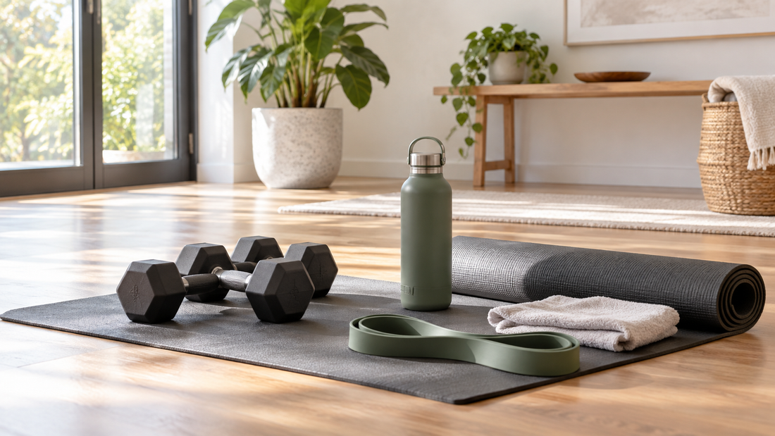Editorial home workout setup with mat, dumbbells and resistance band