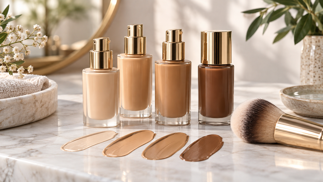 Editorial view of foundation shades and hydrating textures for aging skin