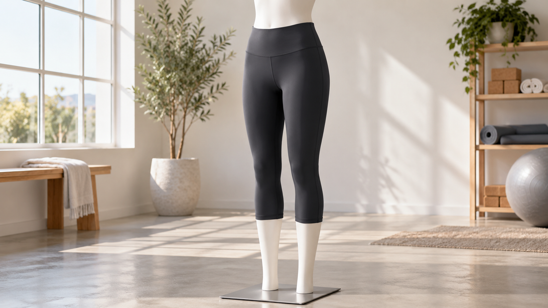 Editorial view of capri leggings showing waistband and cropped length