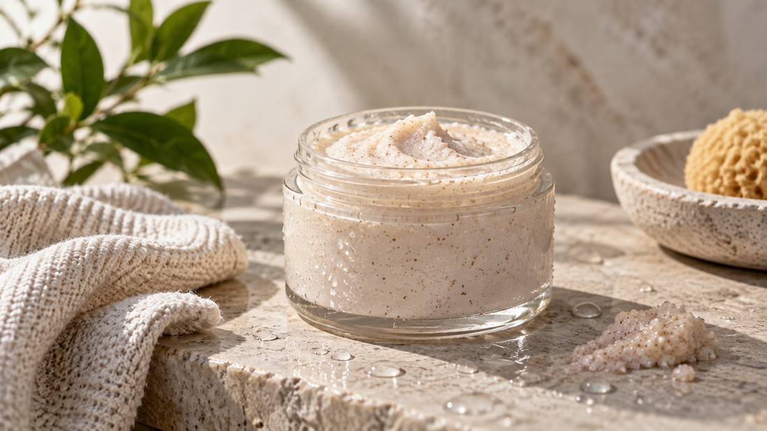 Editorial skincare view of a gentle face exfoliator and soft texture