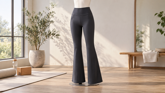 Editorial view of flare yoga pants showing stretch and studio fit