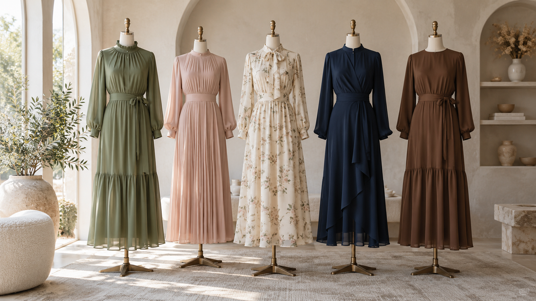 Editorial view of modest dresses for women in varied colors and lengths