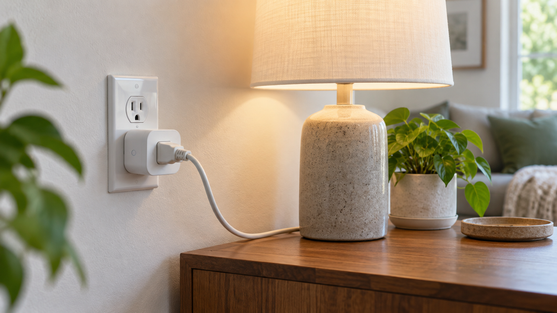 Editorial home view of an unbranded smart plug controlling a table lamp