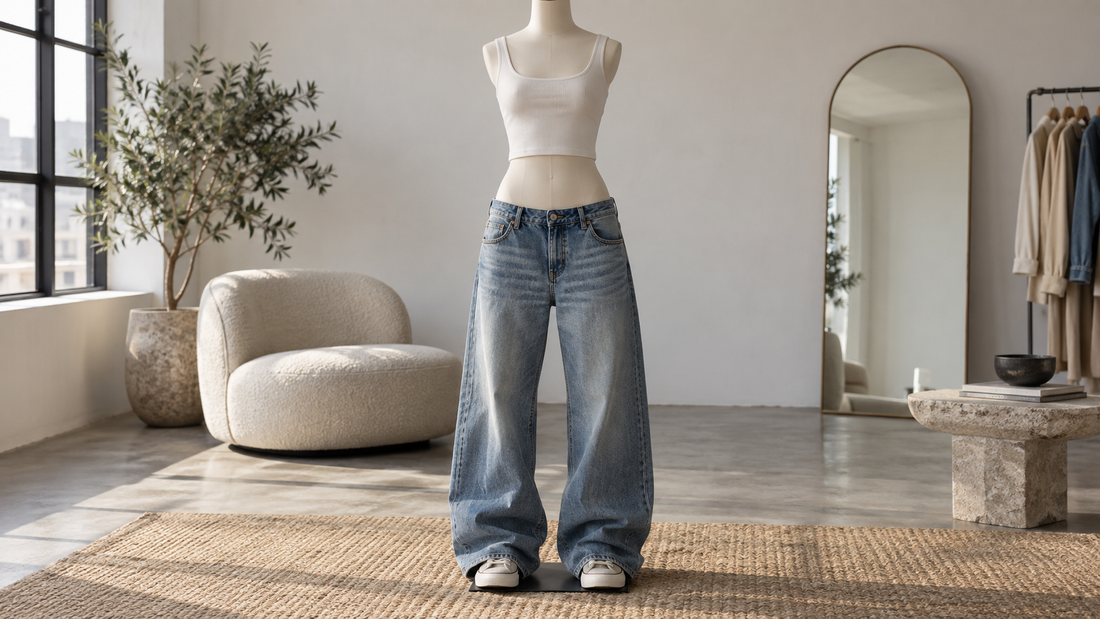 Editorial view of low-rise baggy jeans showing waist position and volume