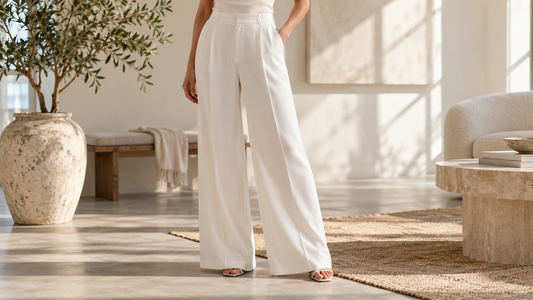 Editorial view of opaque white wide-leg pants showing drape and fit
