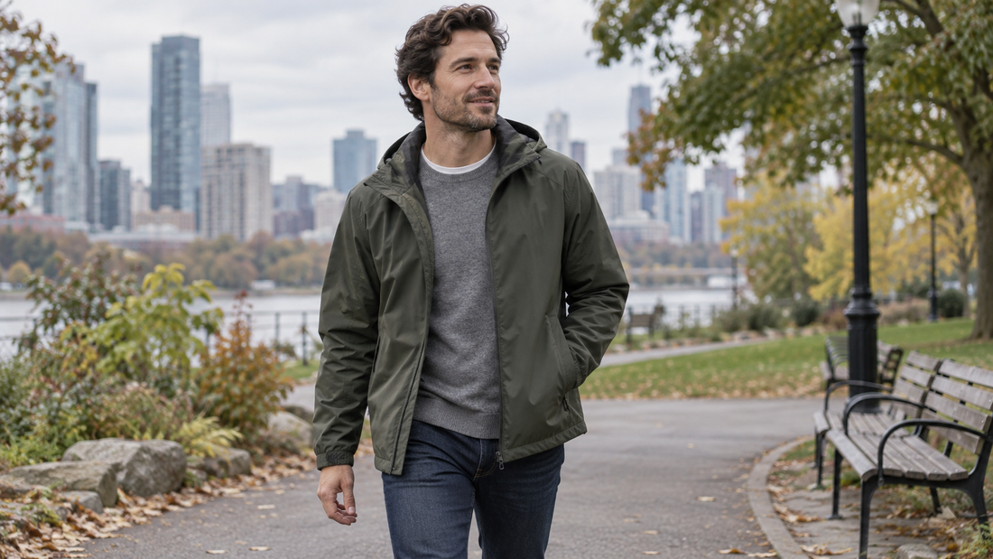 Man wearing a lightweight jacket in a city park