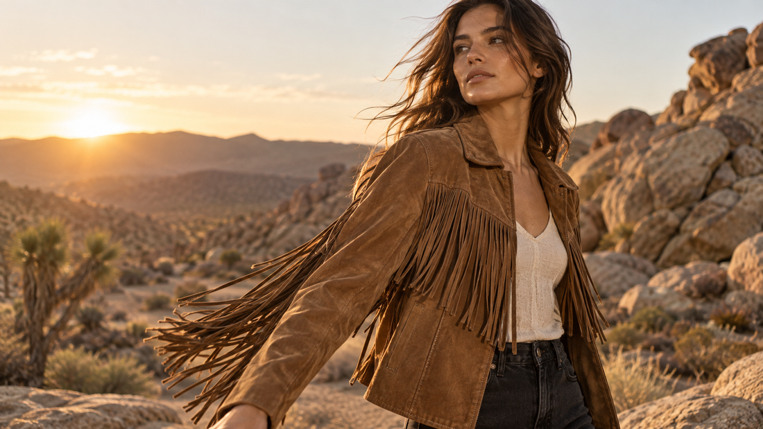 Woman wearing a suede fringe jacket in warm outdoor light