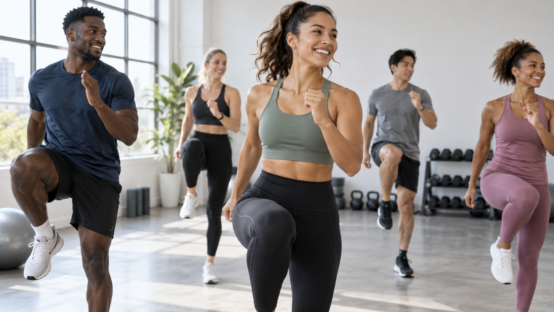 Adults training in coordinated performance sportswear