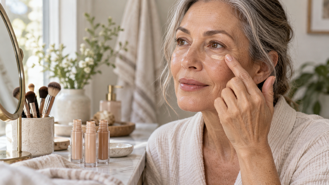 Mature woman applying lightweight concealer in natural light