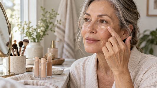 Mature woman applying lightweight concealer in natural light