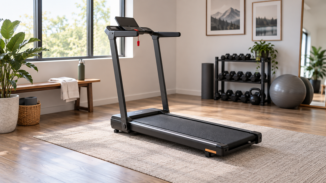 Compact treadmill in a clear and safe home gym setup