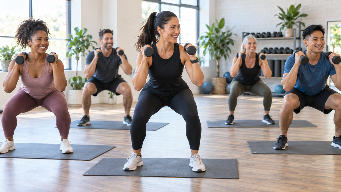 Adults participating in a coached group gym class