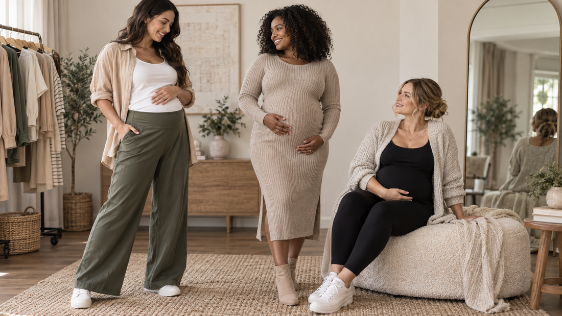 Three pregnant women wearing adaptable maternity outfits