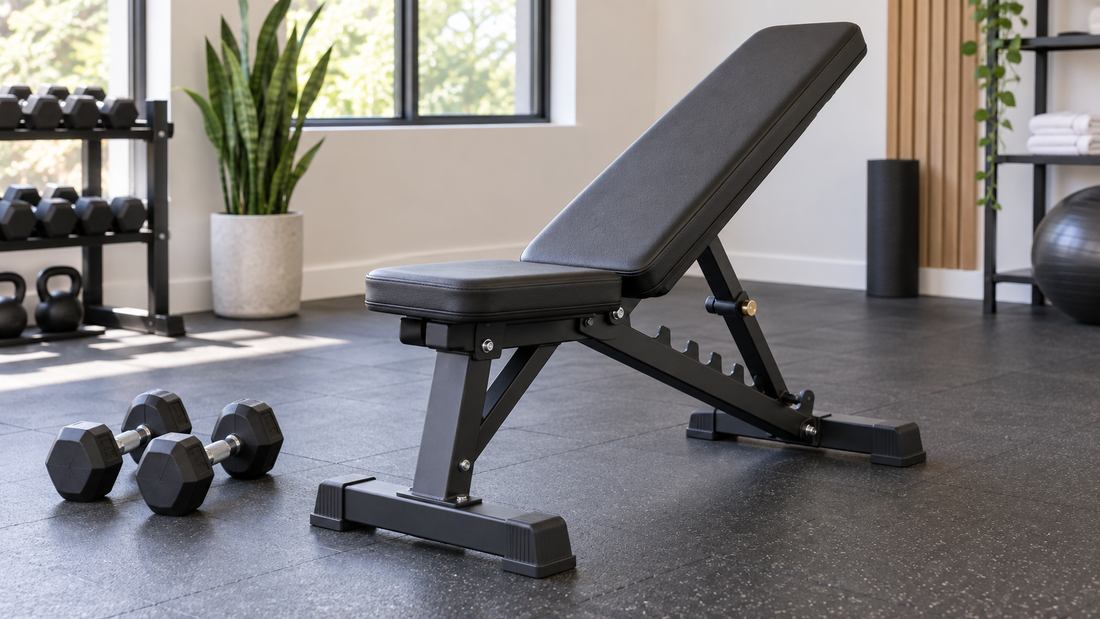 Stable adjustable gym bench with dumbbells in a home gym