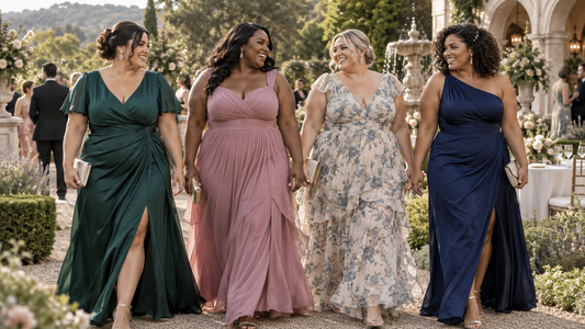 Women wearing plus size wedding guest dresses at a garden venue