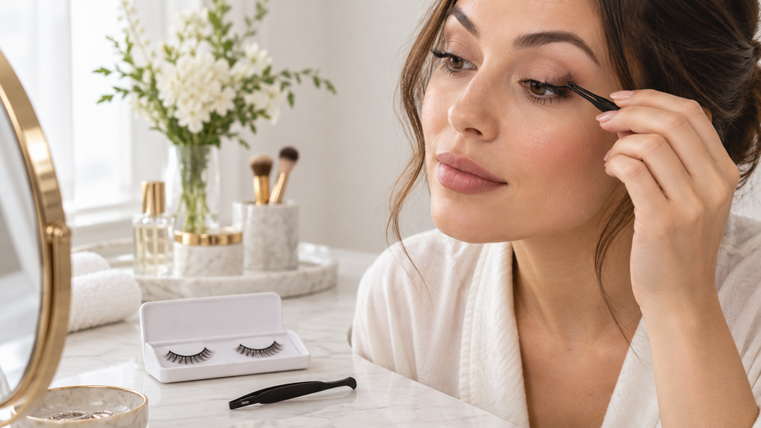 Woman carefully applying magnetic lashes at a clean vanity