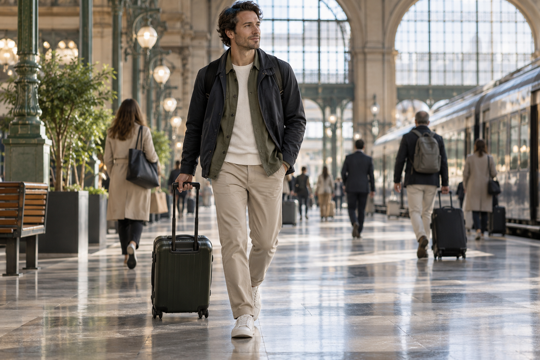 Traveler wearing versatile layered clothing in a train station