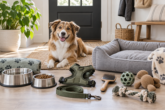 Organized dog supplies with a dog in a clean home setting