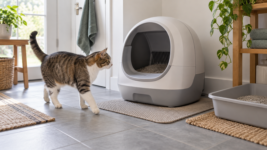 Cat approaching an automatic litter box with a backup tray nearby