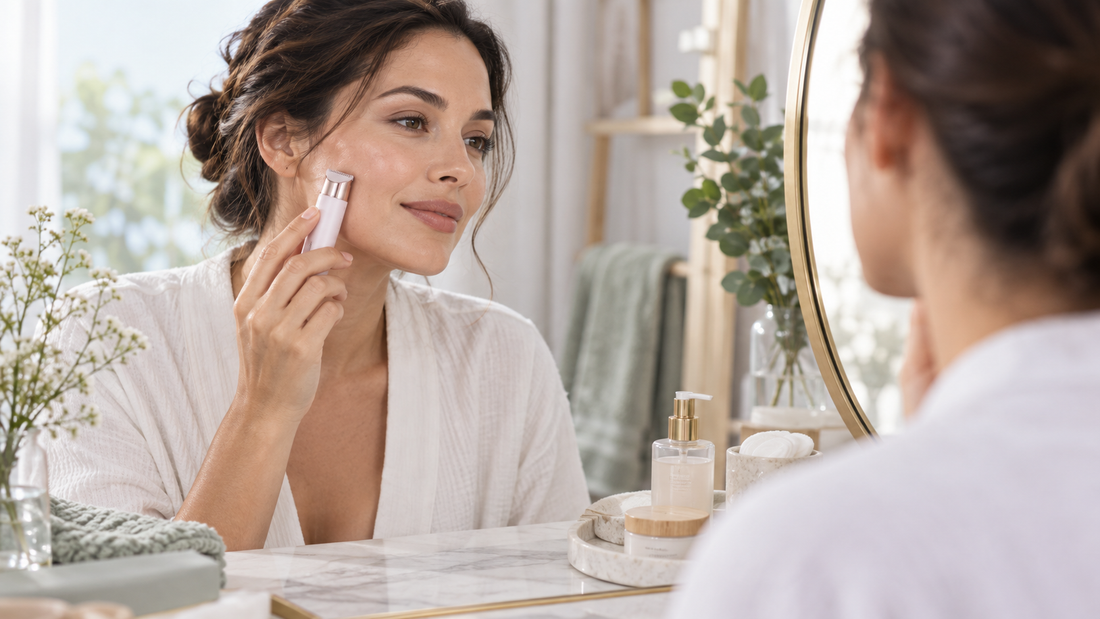 Woman using a compact facial hair remover at a bright vanity