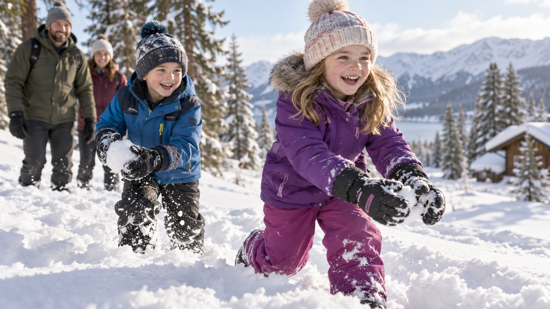 Children wearing insulated snow pants while playing outdoors
