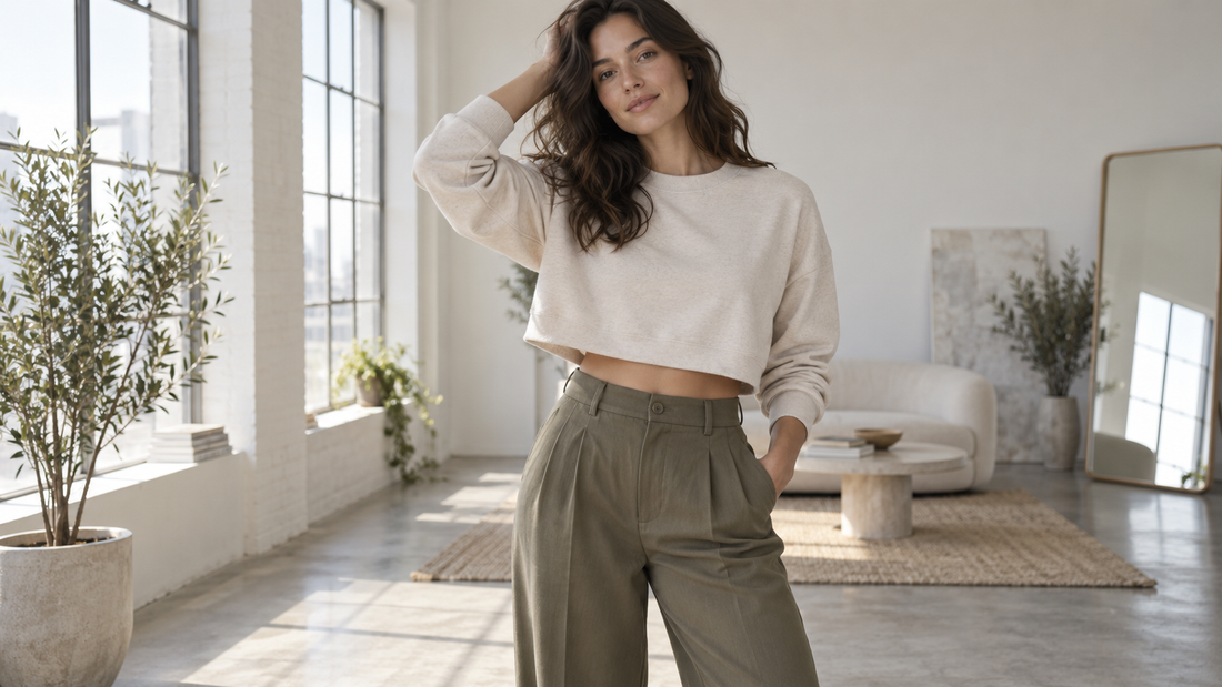 Woman wearing a cropped sweatshirt with high-waisted trousers
