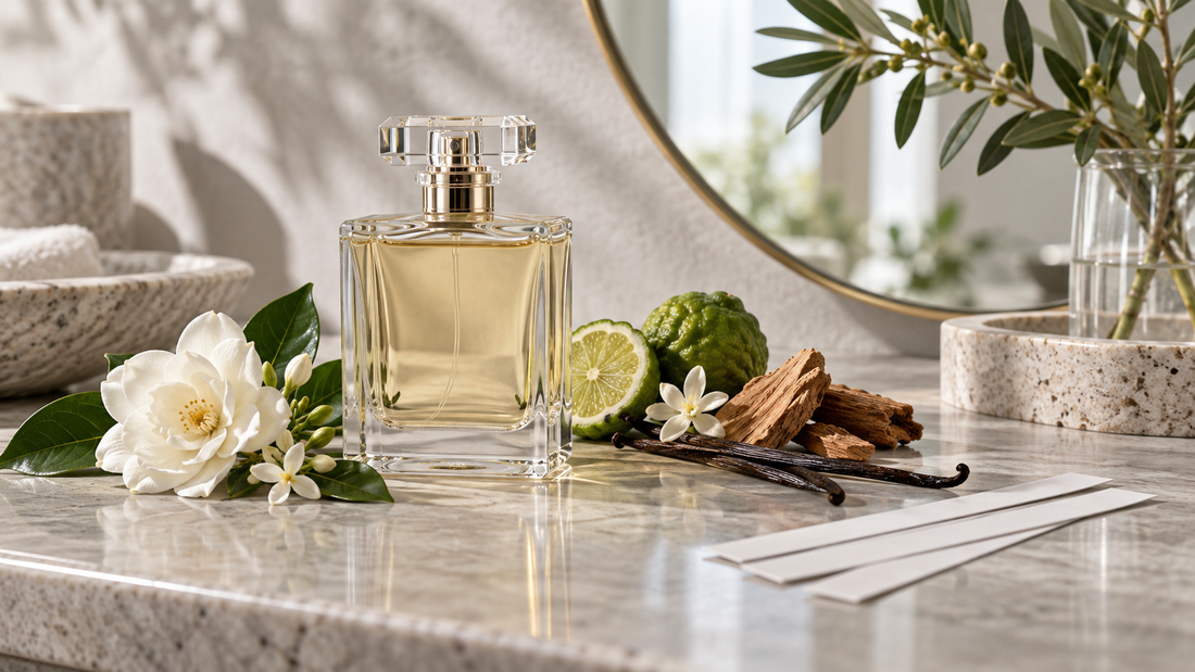 Unbranded perfume bottle with botanical scent materials on a vanity