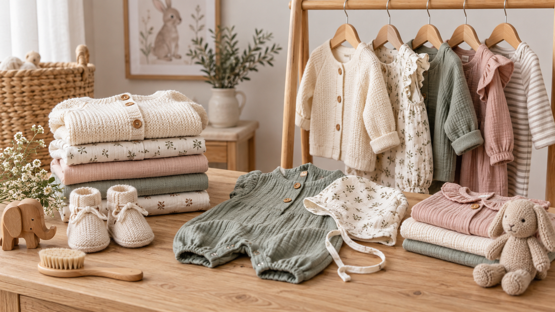 Designer-quality baby clothes arranged in a calm nursery