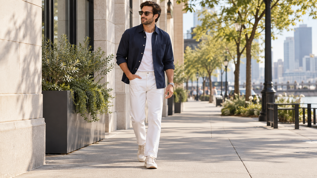 Man wearing white jeans with a navy overshirt in summer