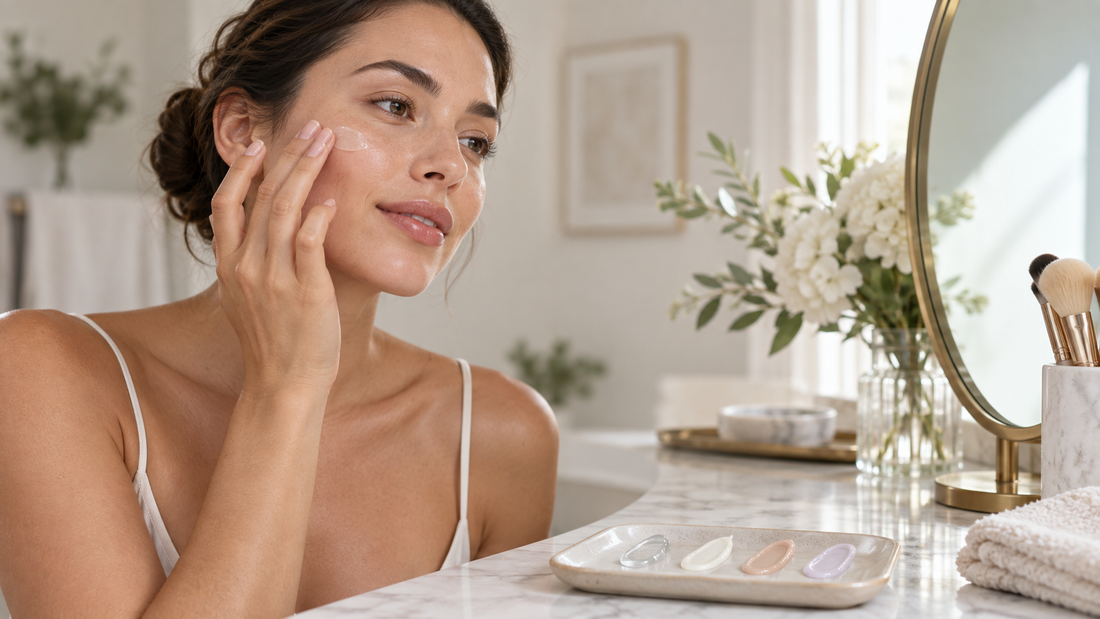 Woman applying makeup primer at a clean vanity