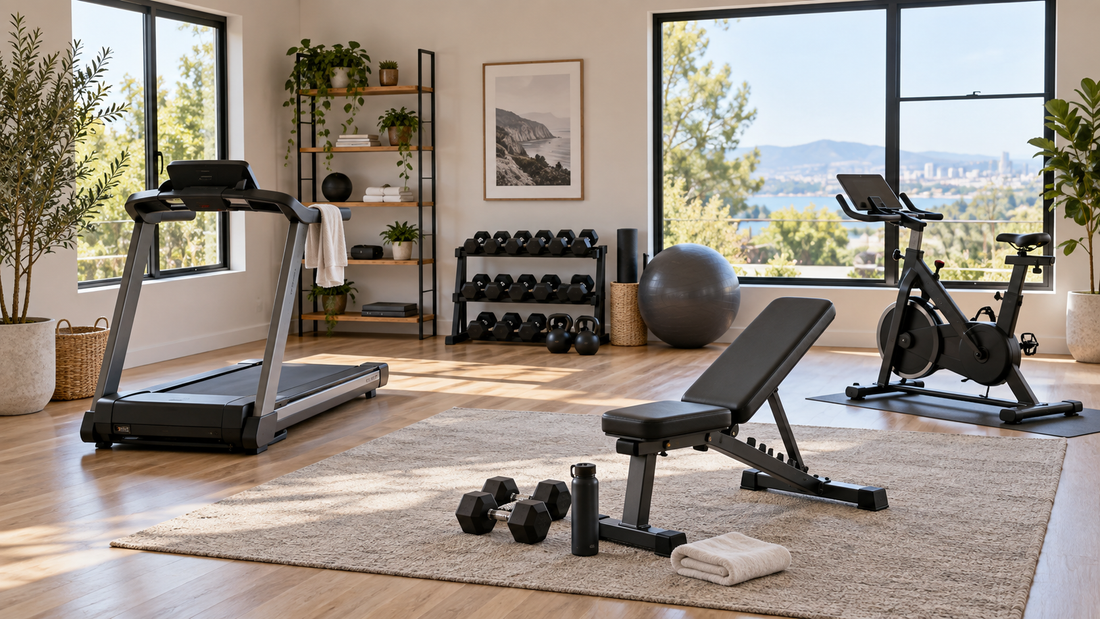Organized home fitness room with cardio and strength equipment