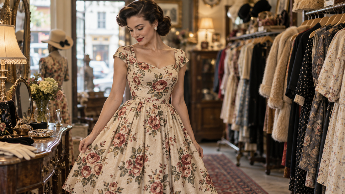 Woman wearing a vintage floral dress in a boutique
