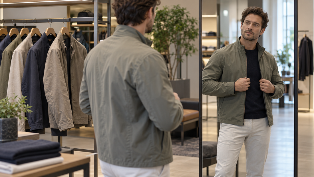 Man checking the fit of a jacket in a clothing store