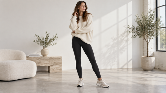 Woman wearing opaque black leggings with a cream knit in a bright studio