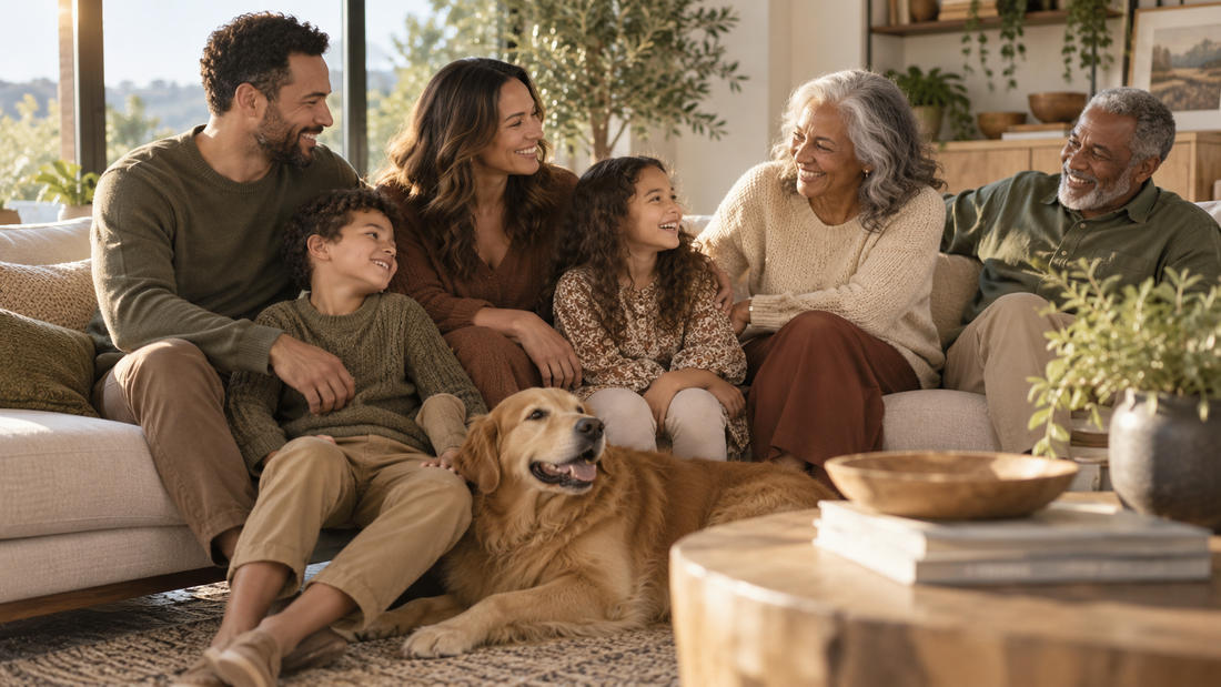 Multigenerational family in coordinated neutral outfits relaxing together
