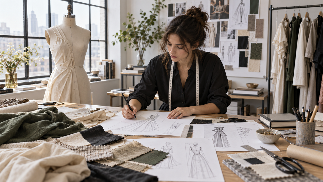 Clothing designer sketching beside fabric swatches and a dress form