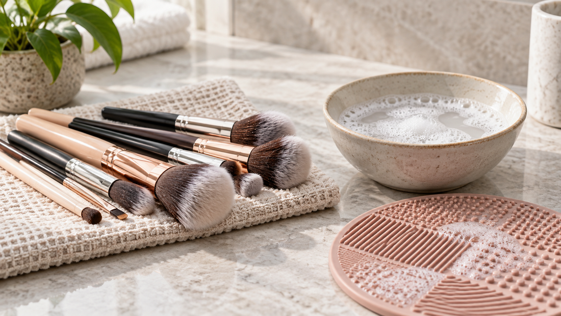 Clean makeup brushes drying beside gentle cleanser and a silicone mat