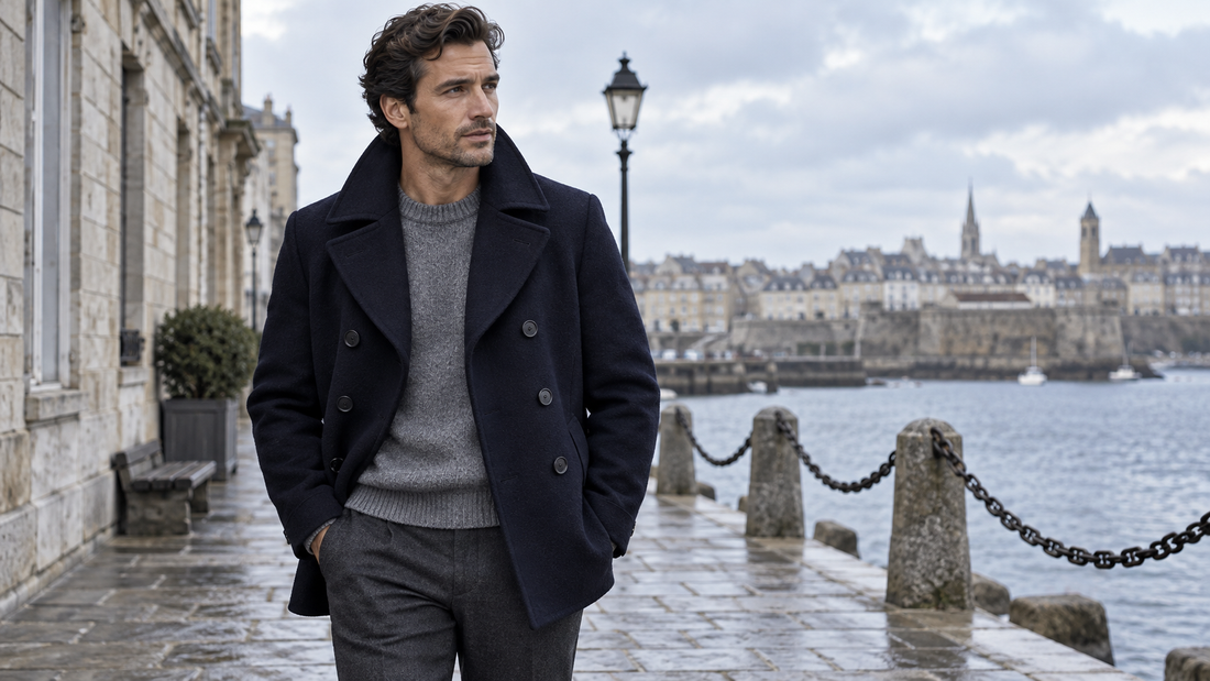 Man wearing a navy pea coat over knitwear on a waterfront promenade
