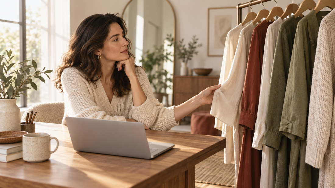 Woman comparing unbranded garments while shopping online at home