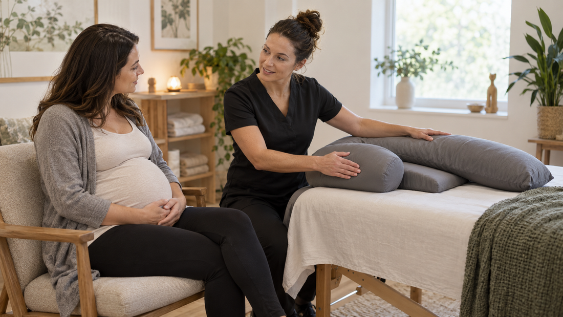 Pregnant woman consulting a prenatal massage practitioner beside supportive cushions